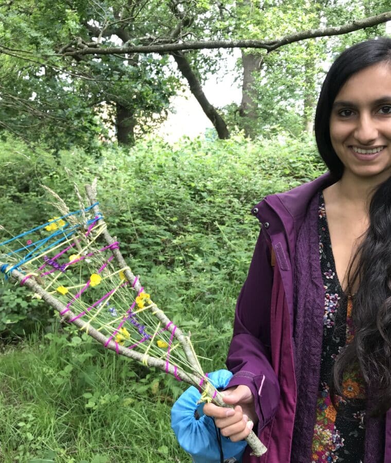 A participant with her 'nature weave' during a NatureWell session at Mount Vernon Cancer Centre