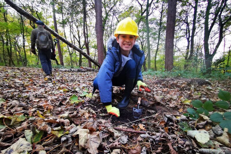 The Conservation Volunteers on a tree planting day with the ranger in Fazackerley Bluebell Woods, Liverpool