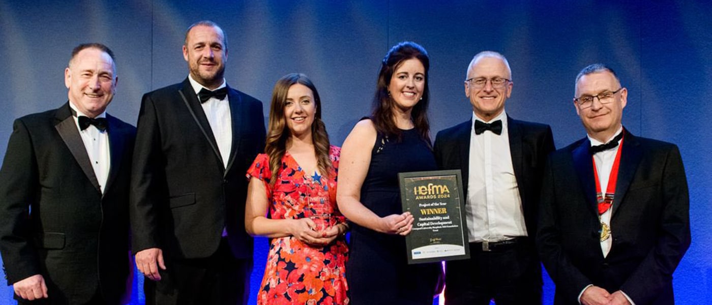 Liverpool sustainability team winning HEFMA award in 2024. All rights reserved.