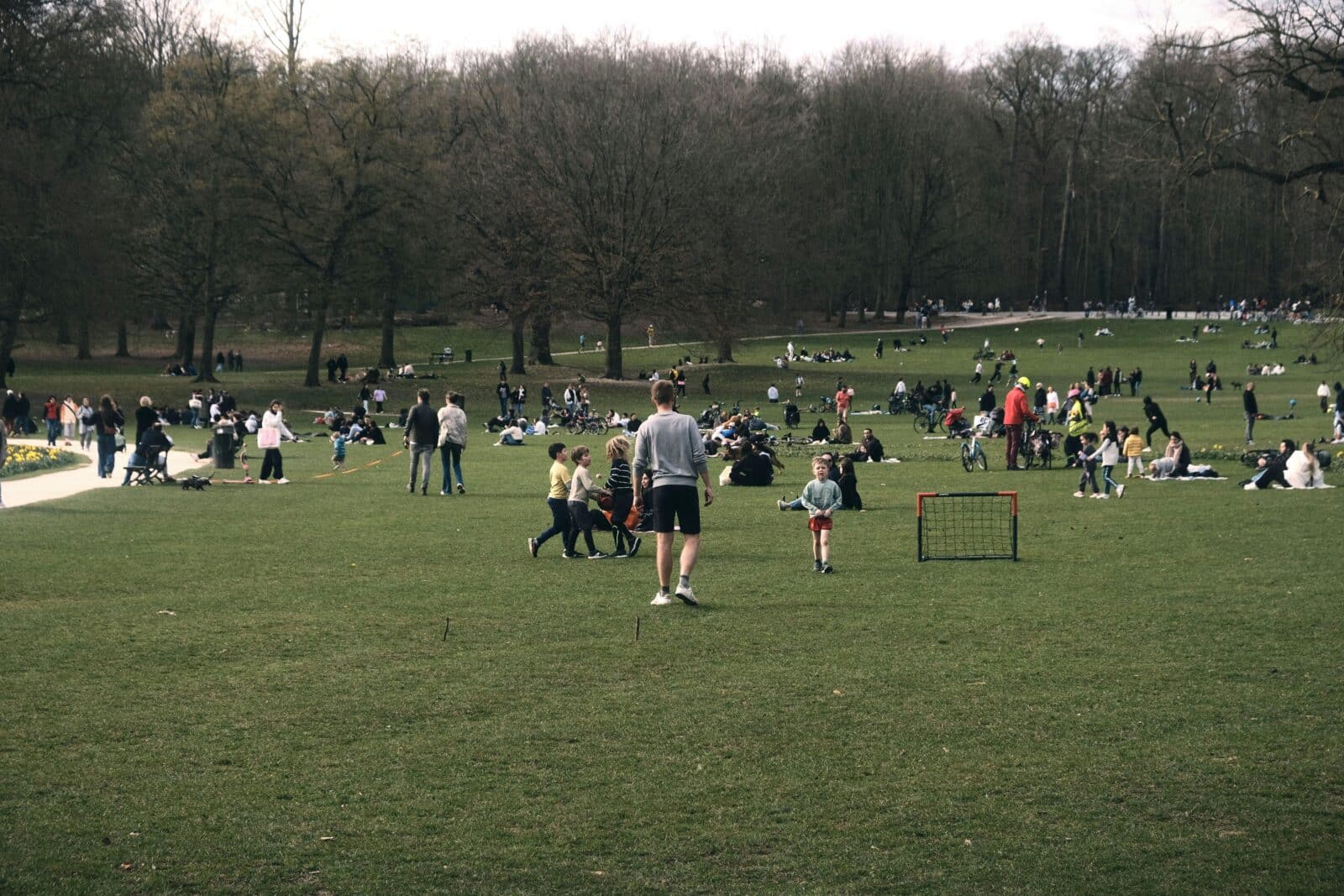 Busy park with lots of people on grass. Trees in background. Photo - Pexels