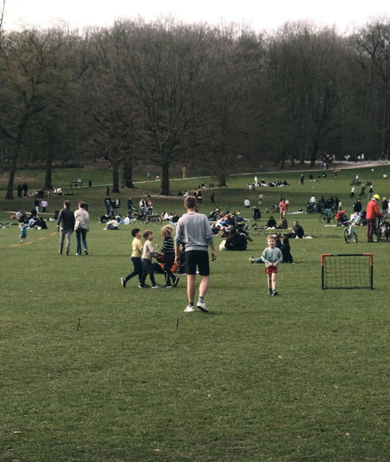 Busy park with lots of people on grass. Trees in background. Photo - Pexels